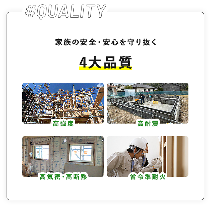 #QUALITY 家族の安全・安心を守り抜く4大品質 高強度 高耐震 高気密・高断熱 省令準耐火